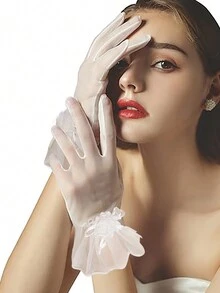 1 đôi găng tay phù dâu ren, găng tay lưới vải tuyn nhún bèo cho nữ, găng tay dự tiệc cưới, găng tay dạ hội ngắn, găng tay lưới ren ngắn viền vải tuyn có găng tay tiệc trà opera đám cưới dành cho nữ, trang phục mùa thu dành cho nữ - Nhiều màu - Xem 4