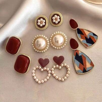 5pcs Retro Faux Pearl Flower Hollow Heart Shaped Two-Tone Luxury & Unique Ear Studs Earrings Set Valentines