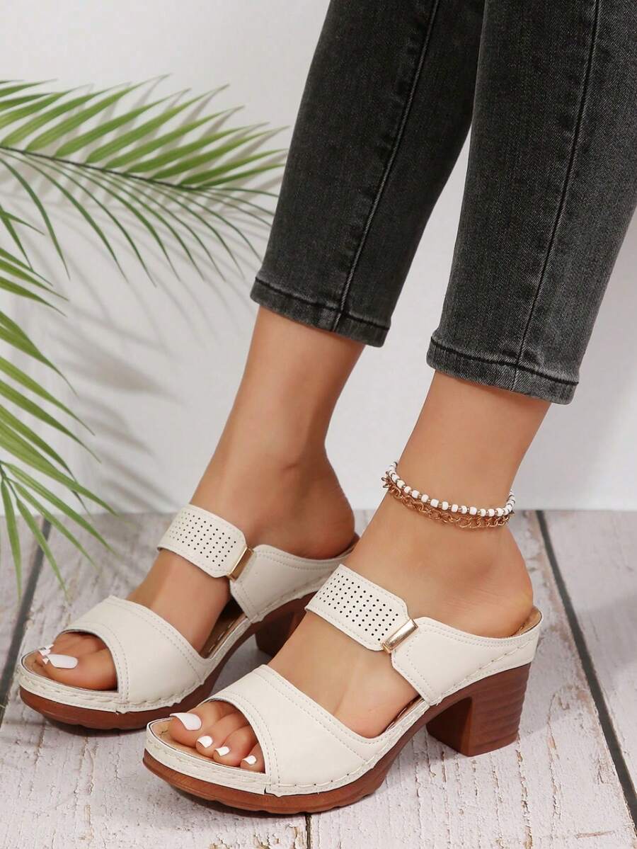 新款女式高跟厚底開扣式夏季涼鞋，防水鞋底，休閒皮革中跟拖鞋，大碼碼數，歐美風格