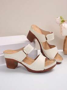 新款女式高跟厚底開扣式夏季涼鞋，防水鞋底，休閒皮革中跟拖鞋，大碼碼數，歐美風格