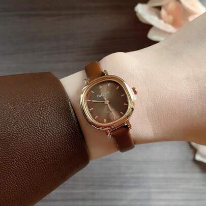 1 Đồng Hồ Nữ Hình Vuông Tinh Tế Với Dây Màu Nâu, Đồng Hồ Đeo Tay Thạch Anh Đơn Giản & Đa Năng Dùng Cho Công Việc/Trang Trí/Tiệc Làm Quà Tặng Cho Học Sinh Trở Lại Trường Học