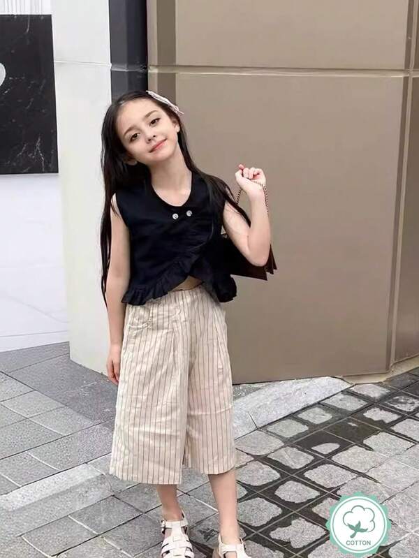 2 pièces Ensemble top asymétrique et pantalon large rayé pour jeune fille, été