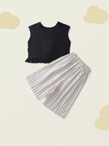 2 pièces Ensemble top asymétrique et pantalon large rayé pour jeune fille, été