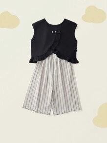 2 pièces Ensemble top asymétrique et pantalon large rayé pour jeune fille, été