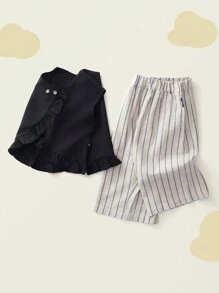 2 pièces Ensemble top asymétrique et pantalon large rayé pour jeune fille, été