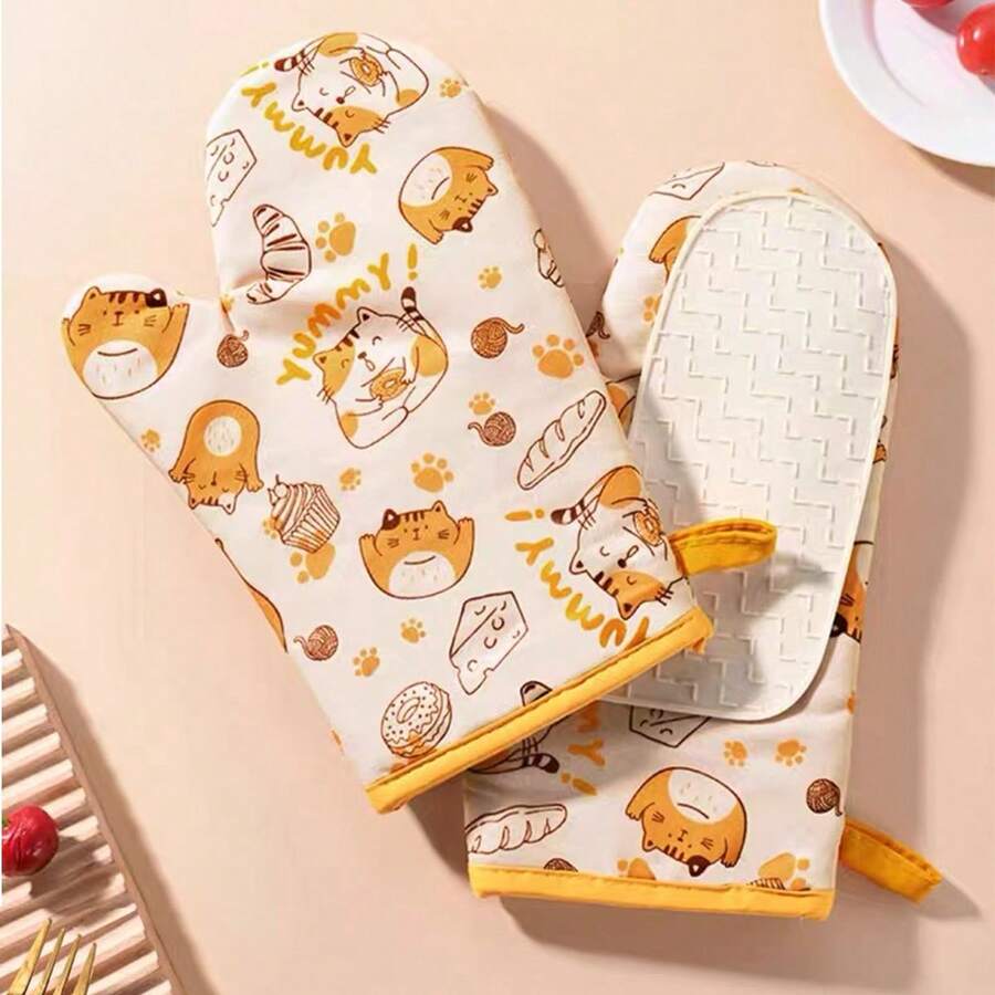 1/2入組黃貓矽膠隔熱手套,室內室外烤箱烹飪烘焙,防燙烹飪用具和廚房用品,熱氣炸鍋手套,矽膠手夾,廚房配件,廚房小工具,食品,廚房,旅行,廚房用品,廚房工具,廚房小物件。 - 彩色 - 查看 1