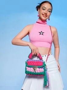 迷你拼色斜背包，時尚鉤織單肩包，女式時尚手提包及錢包 - 軍綠色 - 查看 4