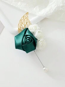 1 件胸花和 1 件腕花 - 深绿色玫瑰与小白玫瑰混合，韩式婚礼人造花，适用于新娘、新郎、父母、伴郎、伴娘、会议、派对、舞会、日常别针装饰情人节 - 墨綠色 - 查看 4