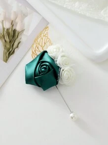 1 件胸花和 1 件腕花 - 深绿色玫瑰与小白玫瑰混合，韩式婚礼人造花，适用于新娘、新郎、父母、伴郎、伴娘、会议、派对、舞会、日常别针装饰情人节 - 墨綠色 - 查看 7