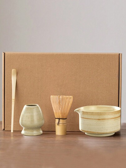 Ceramic Matcha Tea Four-Piece Set, Japanese Retro Matcha Bowl, Matcha Brush, Matcha Cup, Pink Bowl Mixing Spoon Whisk Stand Combo, Matcha Set Back To School