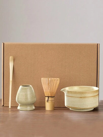 陶瓷抹茶四件套，日式复古抹茶碗，抹茶刷，抹茶杯，粉色碗搅拌勺搅拌器架组合，抹茶套装返校