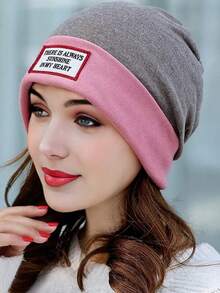 1pc Women's Dual-Tone Plush Knit Beanie Hat With Embroidered English Logo, Warm And Fashionable, Suitable For Daily Wear - Multicolor - View 8