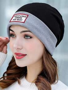 1pc Women's Dual-Tone Plush Knit Beanie Hat With Embroidered English Logo, Warm And Fashionable, Suitable For Daily Wear - Multicolor - View 2