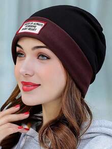 1pc Women's Dual-Tone Plush Knit Beanie Hat With Embroidered English Logo, Warm And Fashionable, Suitable For Daily Wear - Multicolor - View 4