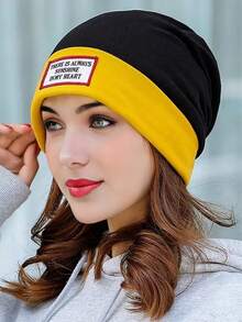 1pc Women's Dual-Tone Plush Knit Beanie Hat With Embroidered English Logo, Warm And Fashionable, Suitable For Daily Wear - Multicolor - View 3