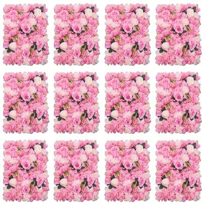 YUNRUX 12 Pieces Artificial Flower Wall Panel, 60 X 40cm Artificial Rose Flower Background, Artificial Flowers For Wedding | Parties | Valentine's Day Decoration | Home Decoration (Pink With Leaves)