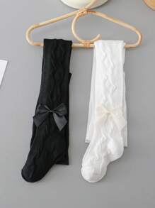 2pcs Baby Girls' Simple Black & White Bow Decor Tights, Suitable For Spring & Autumn School Uniform Matching