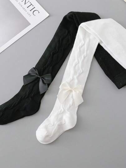 2pcs Baby Girls' Simple Black & White Bow Decor Tights, Suitable For Spring & Autumn School Uniform Matching