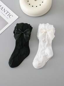 2pcs Baby Girls' Simple Black & White Bow Decor Tights, Suitable For Spring & Autumn School Uniform Matching
