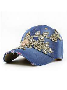 1 sombrero de vaquero hecho a mano con decoración de diamantes de imitación, estilo de gorra de béisbol con diseño de flor de hilo dorado, gorra brillante de moda - Multicolor - Ver 22