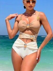 Bikinx Cut Out Round Buckle Decor Three-Color Sexy Monokini One-Piece Swimsuit Bathing Suit For Summer Beach - Multicolor - View 4