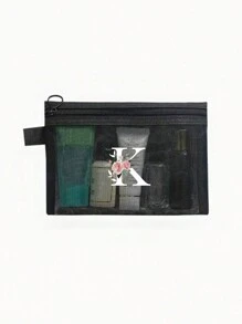 1个黑色网眼袋，白色花卉A-Z透明网眼化妆品收纳袋，多功能旅行便携包，护肤品和化妆品收纳袋，学生文具袋，网眼拉链袋，旅行化妆品收纳袋，简约高端，珠宝首饰收纳，适用于住宿、旅行、商务、游泳、家居收纳 - 黑色 - 查看 22