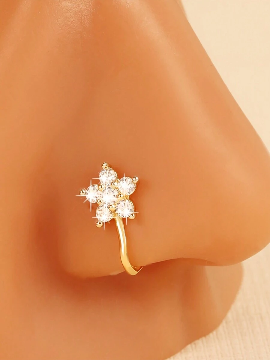 CIZME 1pc Stainless Steel Gold Fake Nose Ring, Rhinestone Design, Heart Butterfly Flower Shape, No Piercing Needed, Fashionable & Versatile For Various Occasions - Golden - View 1