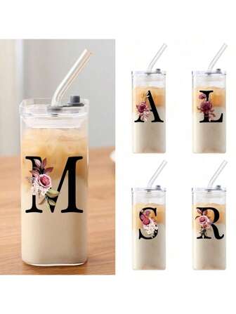 1入組A-Z花朵字母圖案方形玻璃杯，簡約耐熱平底杯，適用於辦公室和家庭使用，帶有方形口的牛奶咖啡杯，伴娘禮物，生日禮物