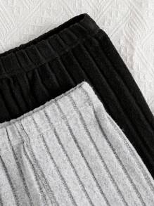 2pcs Tween Girl Elastic Waist Ribbed Solid Color Leggings Set