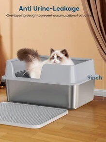 APPKER Stainless Steel Cat Litter Box With Top Lid, High Wall Sides Enclosure, Large Covered Litter Box With Lid, Covered Litter Box For Kitty, Large Cat, With Litter Mat And Scoop, Easy Cleaning, Non-Sticky, Anti-Leakage - Grey - View 4