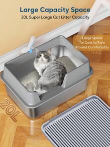 APPKER Stainless Steel Cat Litter Box With Top Lid, High Wall Sides Enclosure, Large Covered Litter Box With Lid, Covered Litter Box For Kitty, Large Cat, With Litter Mat And Scoop, Easy Cleaning, Non-Sticky, Anti-Leakage - Grey - View 3