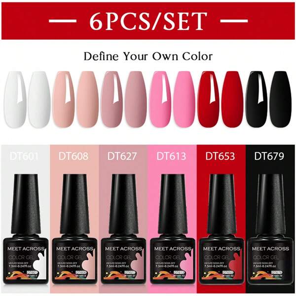 MEET ACROSS 6pcs Gel Nail Polish Set Summer Nails Pink Red Gel Polish Set 7.3Ml Semi Permanent Nail Glue Soak Off UV LED Nail Art Gel Varnish Gel Nail Kit Manicure Kit Nail Supplies Nail Art DIY Home Salon Gift For Women