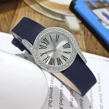 Women's Elegant Fashionable Roman Numerals With Inlaid Rhinestones Watch Case Leather Strap Quartz Wristwatch - Navy Blue - View 3