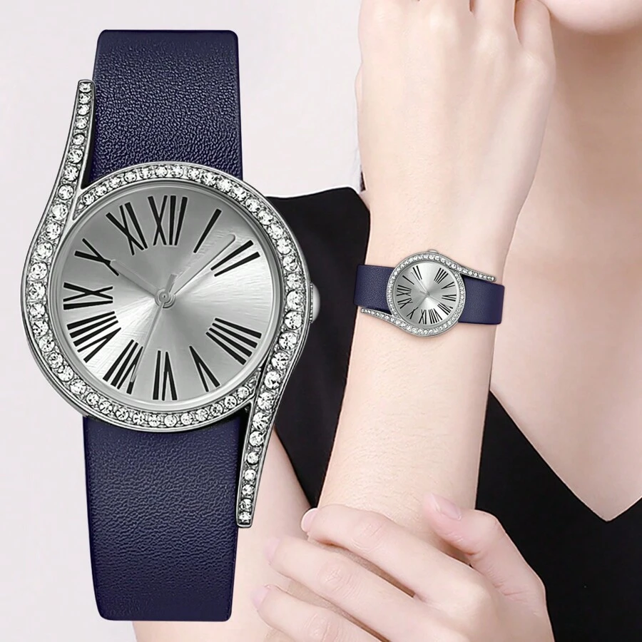 Women's Elegant Fashionable Roman Numerals With Inlaid Rhinestones Watch Case Leather Strap Quartz Wristwatch - Navy Blue - View 1