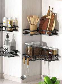 1pc No Drilling Kitchen Triangular Storage Rack, Strong Load-Bearing Corner Shelf, Saves Kitchen Space And Stores Various Kitchen Small Items,Kitchen,Summer Beach Party,Food,Camping,Organizer,Room Decor,Kitchen Items." - Black - View 11