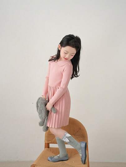 Young Girl Korean Style Ruffled Collar Sweater Dress, Baby Princess Pleated Skirt