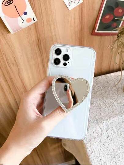 1pc Heart Shaped Mirror Stand-Out Phone Grip Compatible With IPhone, Android Phone, Gift For Birthday, Family, Friends Push-Pull Phone Grip, Phone Holder, Phone Accessories