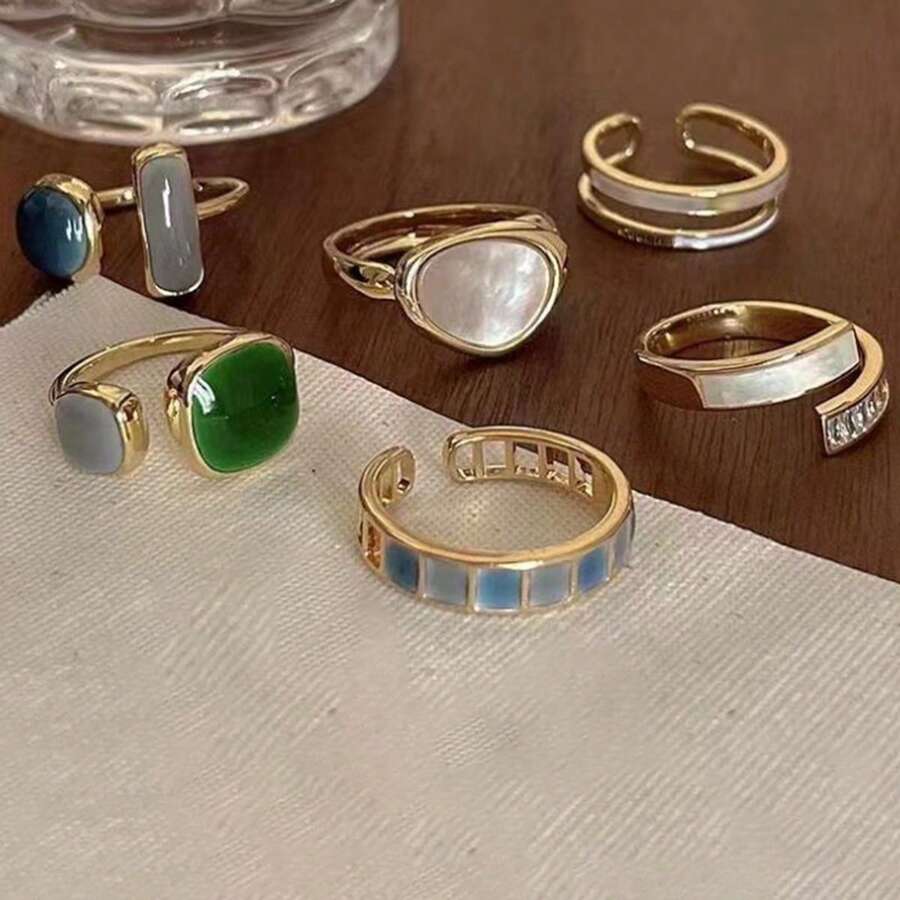 6入組簡約彩色油滴設計女士戒指套裝，適合約會、度假和日常佩戴（不帶盒）