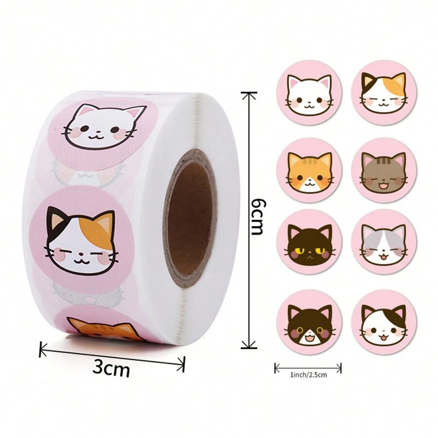 1 Roll (500pcs) Cute Animal Cat Stickers Back To School