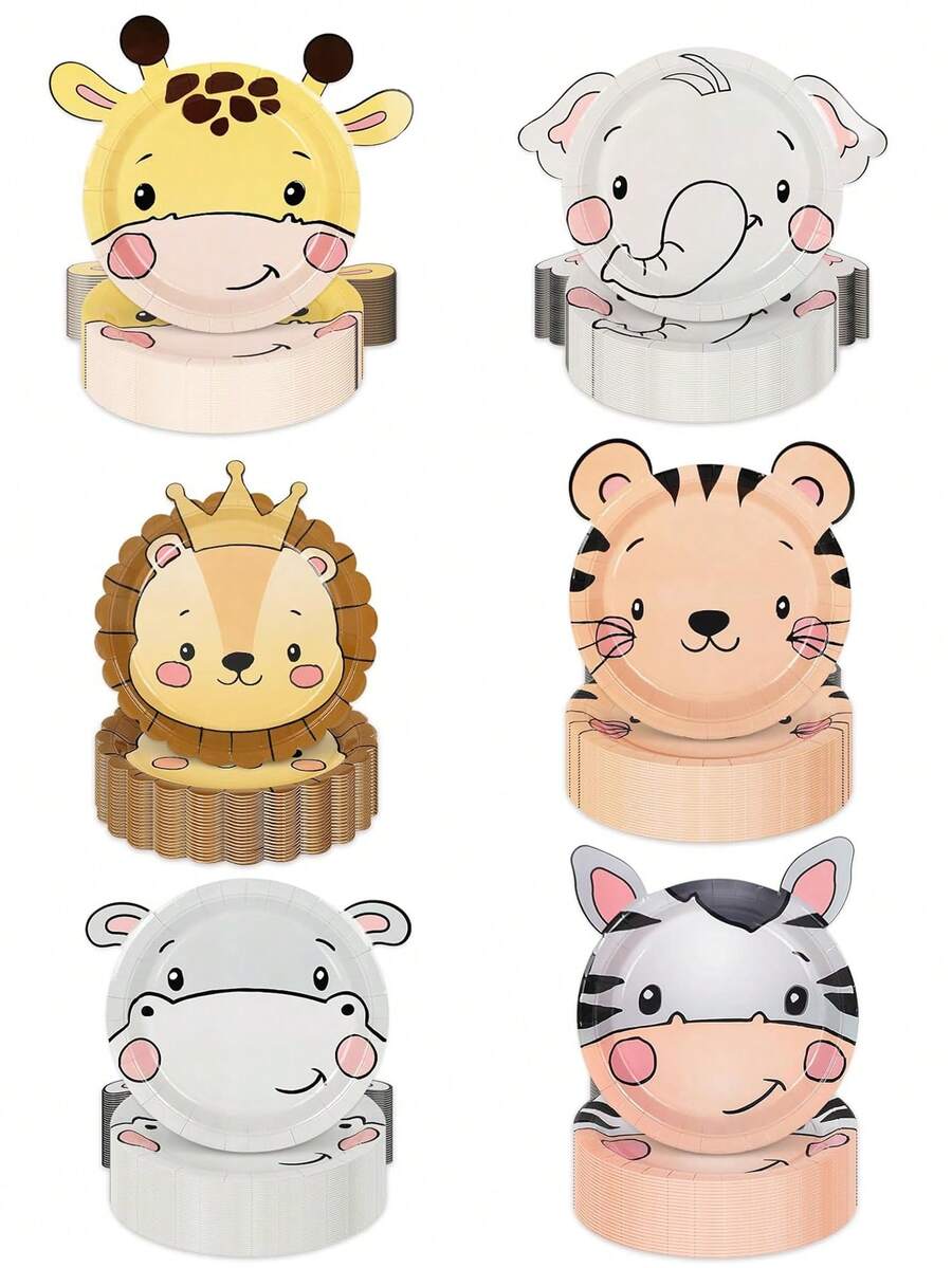 60入組9吋/7吋可使用六種圖案的動物造型一次性紙盤，適用於各種主題派對和日常使用 - 彩色 - 查看 1