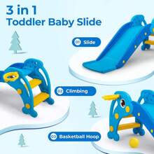3 In 1 Toddler Slide, Baby Slide Climber Playset With Basketball Hoop And Ball, Indoor And Outdoor Playground For Kids - Baby Blue - View 4