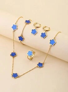 Ensemble de 5 pièces Collier, bracelet, boucles d'oreilles et bague ajustable pour femme - Style européen et américain - Vintage - Plaqué or 18 carats - Acier de titane - Cinq pétales de fleurs en résine colorée - Cadeau de luxe et polyvalent pour les filles - Parfait pour les vacances à la plage ou les fêtes d'anniversaire - Ensemble de couleurs de fleurs à cinq pétales - Voir 3
