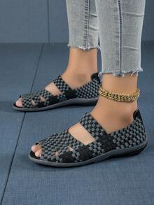 Sandali grigi alla moda infilati a mano con punta aperta, scarpe sportive casuali piatte in morbido tessuto antiscivolo per donne