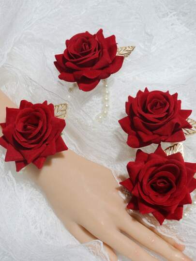 4pcs Large Red Rose French Wrist Flower, Delicate Pearl Chain Wristband For Wedding Bridesmaid, Party Decoration Valentine's Day Valentines