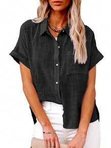 Blusa para Mujer con Manga Corta Casual de Verano, Camise Elegantes para Dama, Playeras para Mujer Básica Algodón - Negro - Ver 2