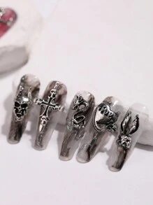 30pcs/6-Grid Box Vintage Y2K Nail Art Decorations, Dark Gothic Ins Style Cross & Skull Designs, Halloween Nail Accessories, Various Styles Gothic Fake Nails, Nail Art Supplies