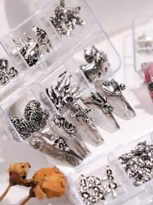 30pcs/6-Grid Box Vintage Y2K Nail Art Decorations, Dark Gothic Ins Style Cross & Skull Designs, Halloween Nail Accessories, Various Styles Gothic Fake Nails, Nail Art Supplies