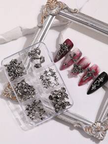 30pcs/6-Grid Box Vintage Y2K Nail Art Decorations, Dark Gothic Ins Style Cross & Skull Designs, Halloween Nail Accessories, Various Styles Gothic Fake Nails, Nail Art Supplies
