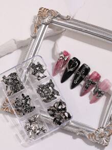 30pcs/6-Grid Box Vintage Y2K Nail Art Decorations, Dark Gothic Ins Style Cross & Skull Designs, Halloween Nail Accessories, Various Styles Gothic Fake Nails, Nail Art Supplies