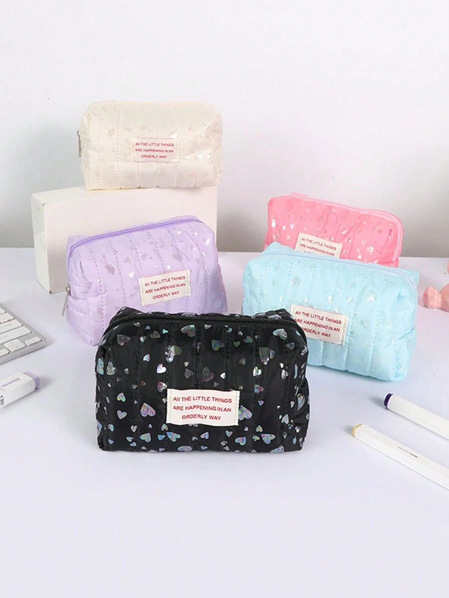 1 Stück glänzende Bleistifttasche mit Herz Muster, große Kapazität Milch Puff weicher Stoff Stifttasche, tägliche Aufbewahrung für kleine Gegenstände, Lernessenzielle Schreibwaren Box, kreativer Home Desktop Ornament